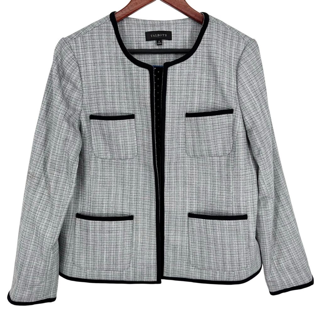 Talbots Sz 12 Formal Grey Black Tweed Long Sleeve Open Front Blazer Top Shirt